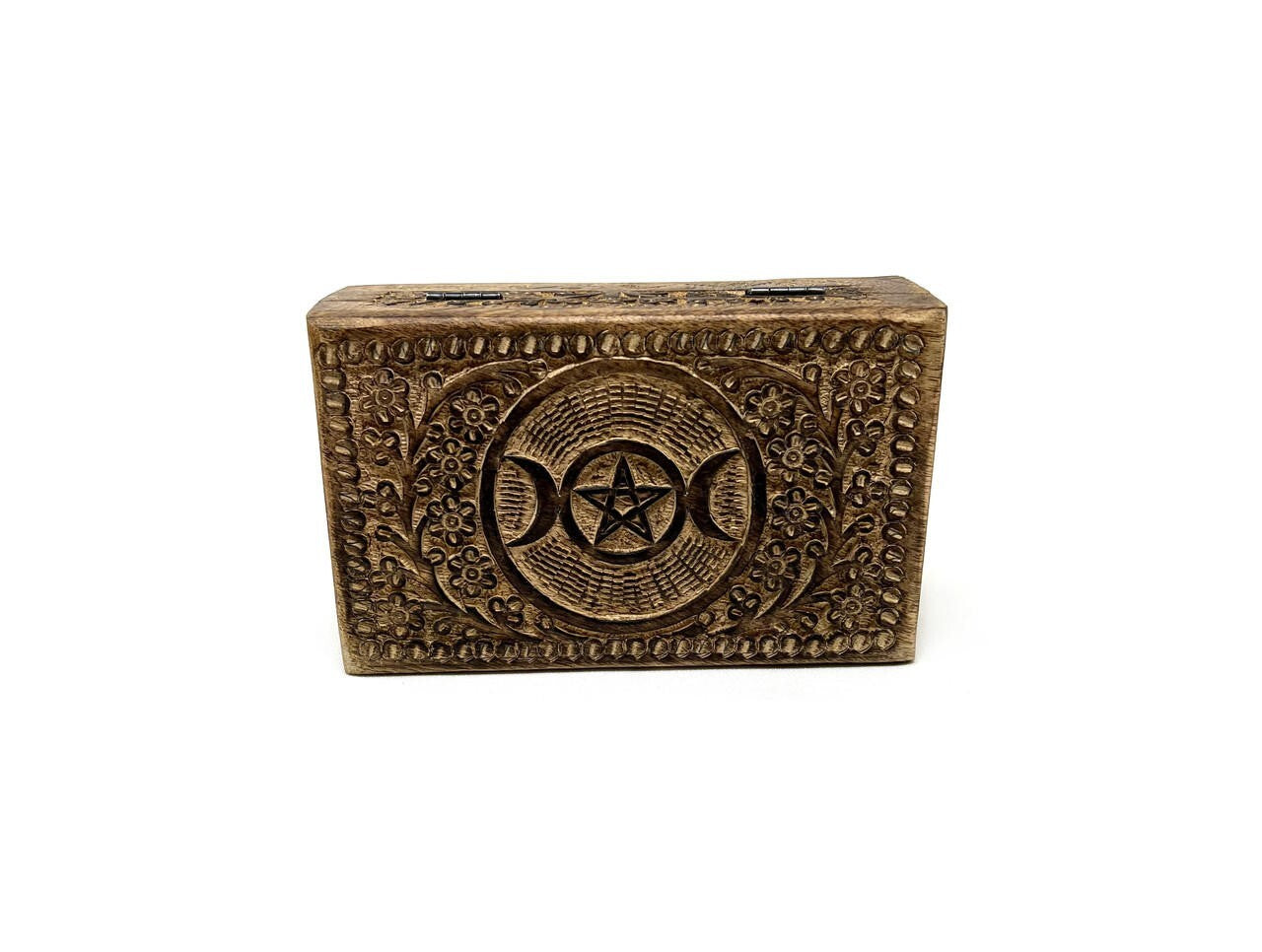 Wooden Handmade Storage Box Triple Moon Pentacle Rustic Brown Made in India 5x8"