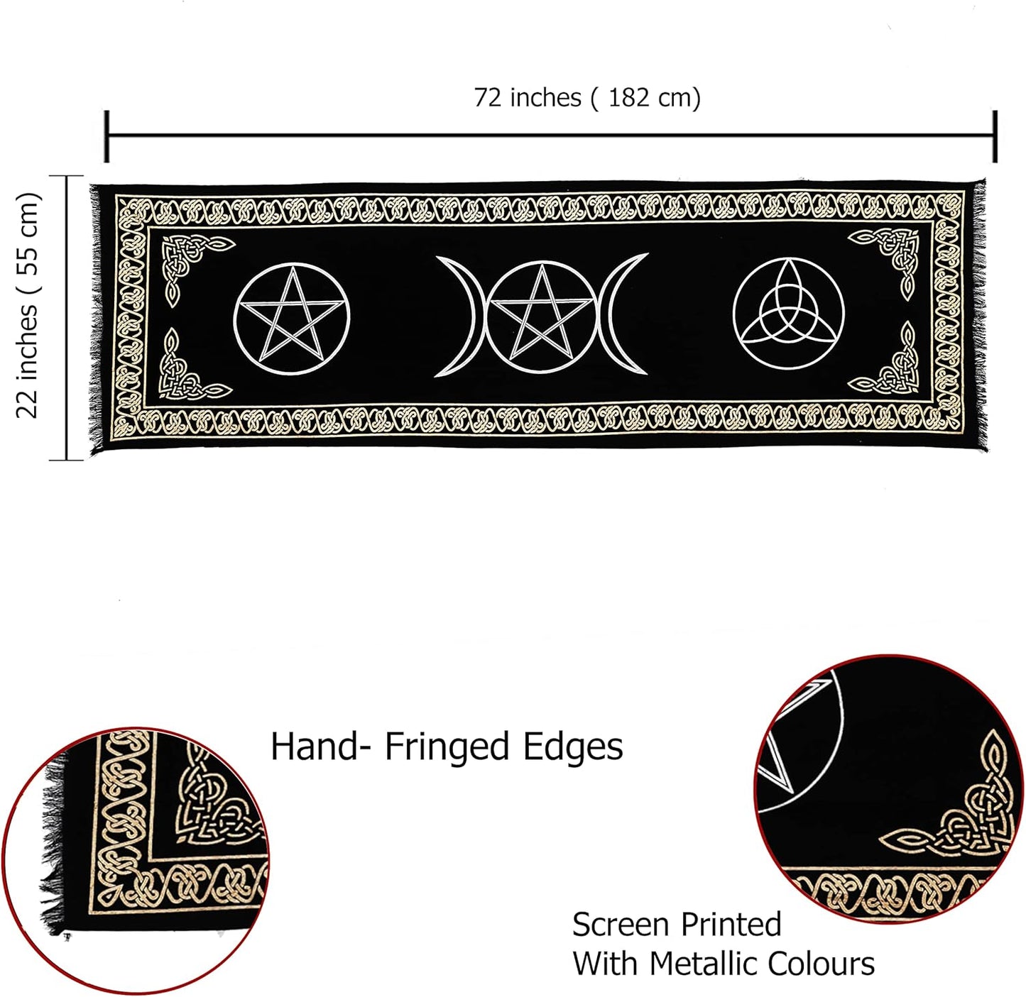 Wicca 3 in 1 Altar Cloth Pentagram Triquetra Triple Moon Long Tablecloth