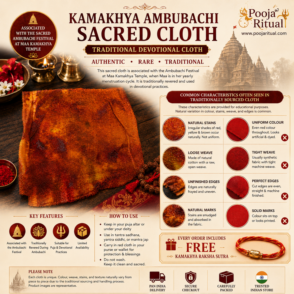 Original Ambubachi Kamakhya Rakta Vastra (Red Sacred Cloth) | Includes FREE Kamakhya Raksha Sutra | Limited Collection