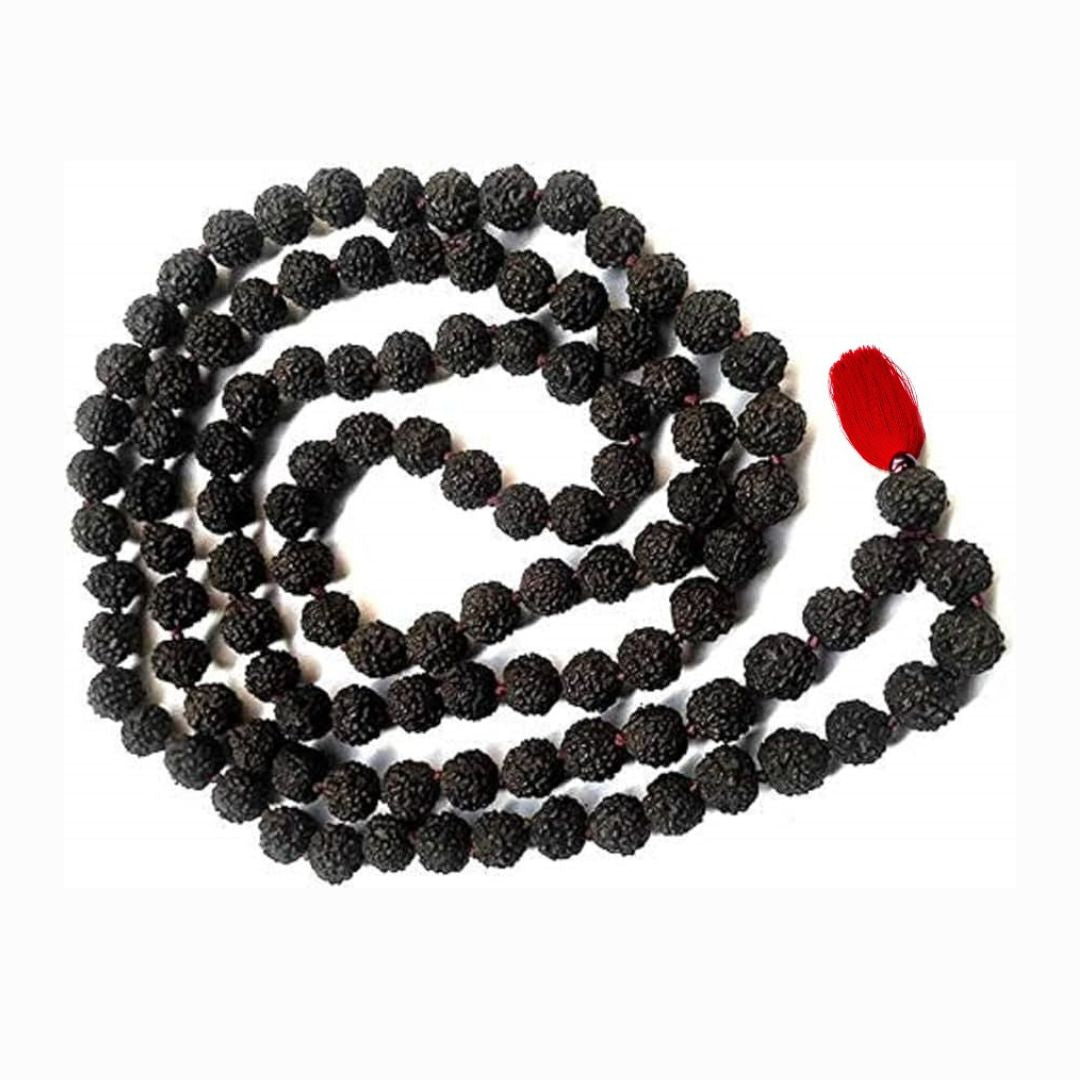Grade A | 5 Panch Mukhi Black Rudraksha Mala 6mm Medium Size 108+1 Java Beads