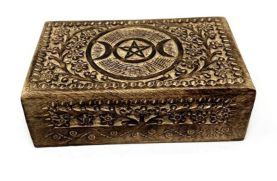 Wooden Handmade Storage Box Triple Moon Pentacle Rustic Brown Made in India 5x8"